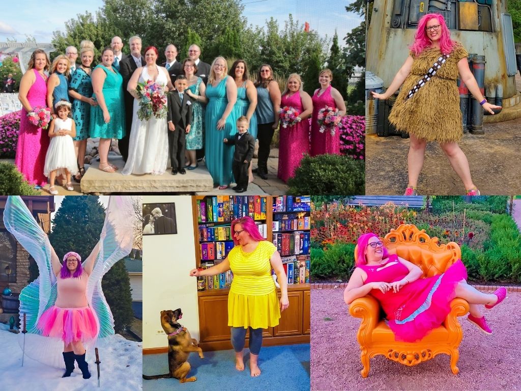 About Chrissy Collage: Pink and Teal Wedding Bridal party, Chrissy in a Chewbacca dress, Chrissy on an orange chair in a garden, Chrissy with belly dancer wings, Chrissy and dog Nia tricks for treats