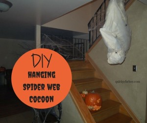 I made a homemade hanging mummy cocoon wrapped in spider webs and hung it from the banister in the stairwell for our Halloween Party