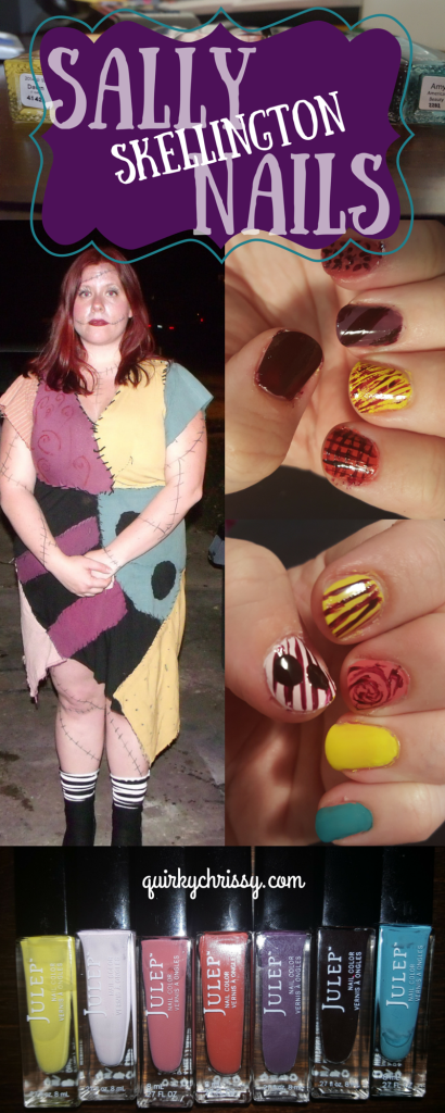To match my Sally Skellington costume, I decided to paint my nails with a variety of colors and tools, creating a neat patchwork nail look.