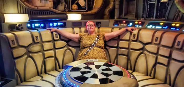 Wearing a Chewbacca dress waiting to ride the Millenium Falcon 