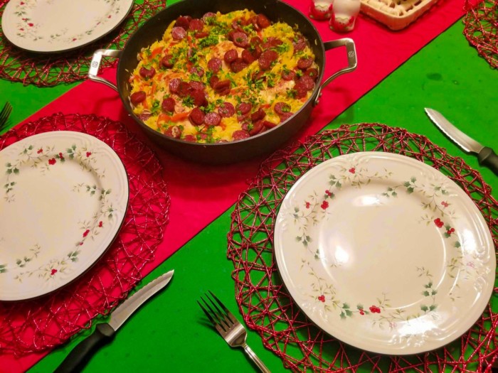 Pfaltzgraff tablescape with Christmas dishes and Kate Spade tablecloths