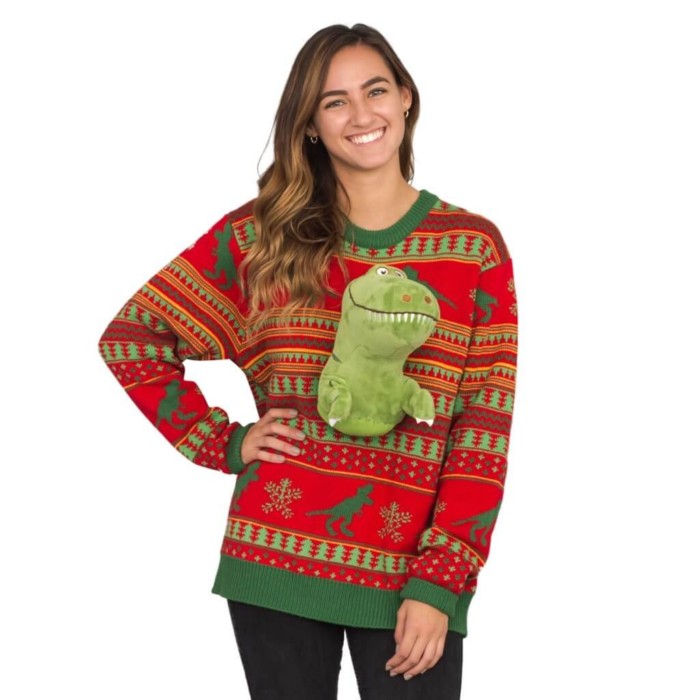 3D plush dinosaur ugly Christmas sweater